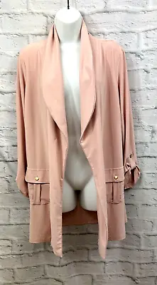 Buy Nina Leonard Pink Rayon Open Cardigan Jacket Size L Roll Tab Long Sleeves Collar • 10.33£