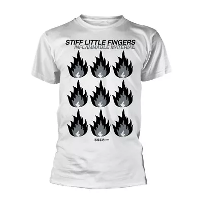 Buy Stiff Little Fingers (SLF) - INFLAMMABLE MATERIAL White T Shirt - Official Merch • 16.99£