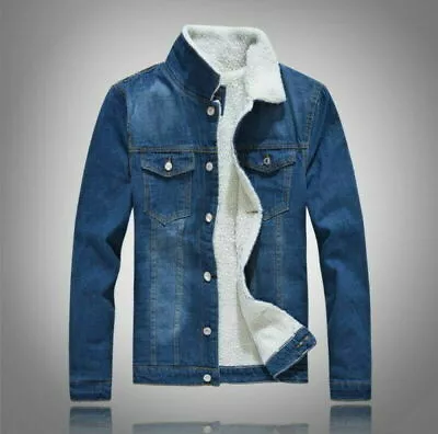 Buy Mens Denim Winter Thick Fur Lined Jacket Coat Fleece Denim Jacket Outwear • 34.79£