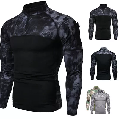 Buy Mens Army Tactical T-Shirt Combat Military Camo Casual Zip Shirts  Long Sleeve • 13£