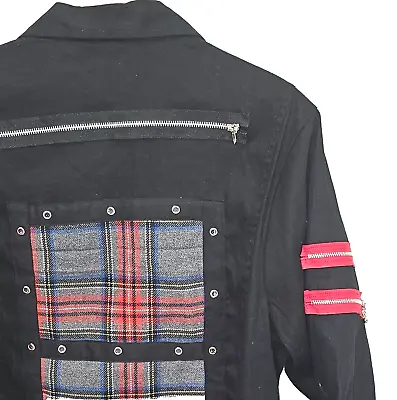 Buy Punk Zip Jacket 44  Chest Black Red. Goth Tartan Eyelet Retro. • 37.99£