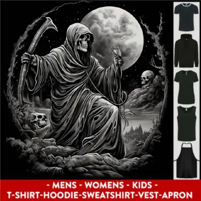 Buy Grim Reaper With A Full Moon And Skulls Mens Womens Kids Unisex • 7.99£