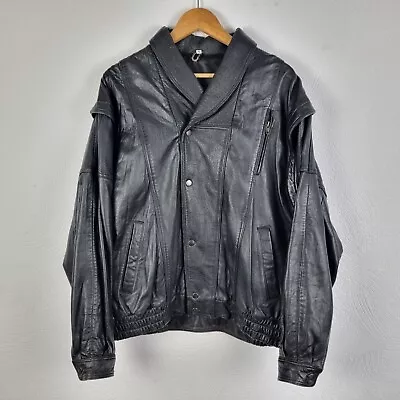 Buy Vintage Leather Bomber Jacket Mens Medium Black Biker Casual Collared Metal Rock • 34.95£