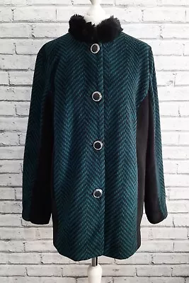 Buy Bob Mackie Chevron Fleece Green & Black Fur Collar Jacket Coat Size L 16 18 20 • 25£