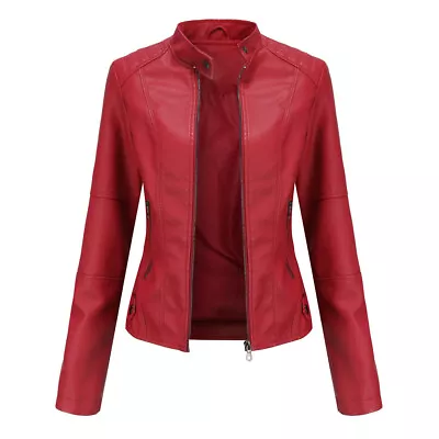 Buy Women Biker Jacket Slim Ladies Faux Leather Zip Stand-up Collar Outerwear UK8-12 • 34.63£
