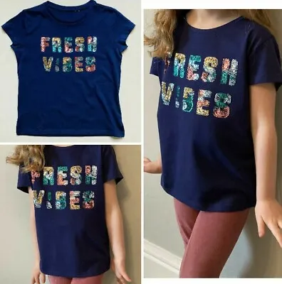 Buy Girls Sequin Blue T-Shirt Ex M&S Sparkly  Fresh Vibes  RRP £10 Short Sleeve • 5£
