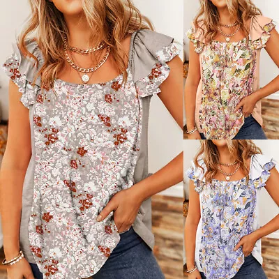 Buy Womens Floral Printed Short Sleeve T Shirts Ladies Round Neck Blouses Tops Tees • 13.39£