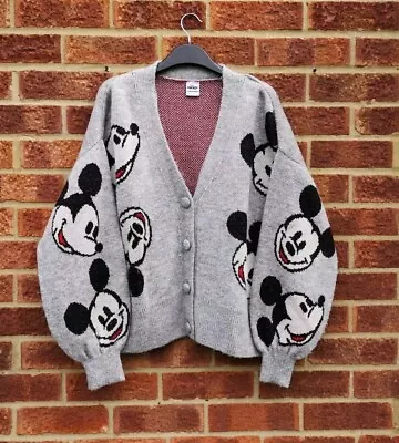 Buy Mickey Mouse Grey Cardigan Jacket Check Stripe Disney Sleeveless Vest Knit L • 30£