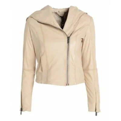 Buy Branded Ladies Leather Cream Draped Hooded Bomber Jacket Size6,8,10,12,14,16 UK  • 191.99£