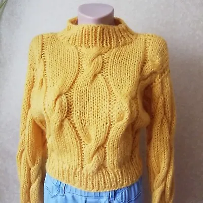 Buy Yellow Women Sweater Chunky Knitted Wool Mohair Jumper Braid Crop Warm Pullover • 122.85£