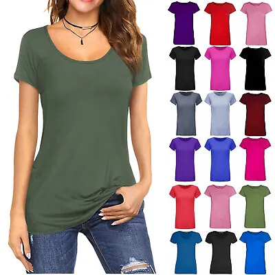 Buy Womens Cap Short Sleeve Round Scoop Neck Plain T-shirt Fitted Tee Top Uk 8-26 • 6.99£