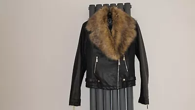 Buy Ladies Faux Leather, Black Biker Jacket With Detachable Fur Collar, Size Small • 18£