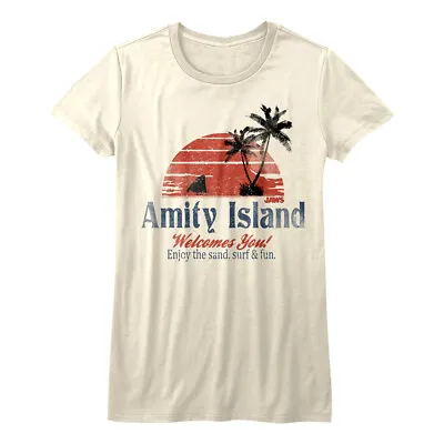 Buy Jaws Shark Amity Island Sunset Womens T Shirt Welcomes You Enjoy Movie Merch Top • 23.27£