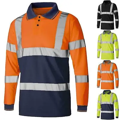 Buy Hi Vis Polo Shirt High Visibility Long Sleeve Polyester Top Collar Safety Work • 12.59£