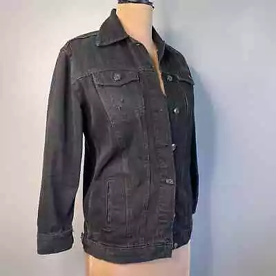 Buy 100% Cotton Denim Jacket Oversized Jean Distressed Size 2 Pockets Dark Gray Grey • 31.18£