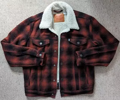 Buy LEVI LEVIS Red Wool CHECK Trucker Sherpa JACKET COAT M - Excellent Condition • 99.99£