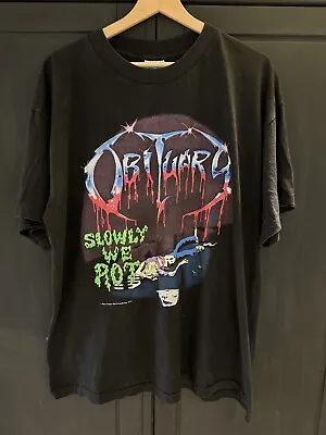 Buy Vintage Obituary Slowly We Rot T Shirt 1990 Blue Grape XL / Death Deicide • 350£