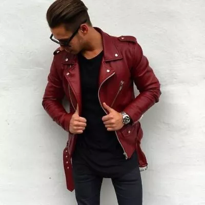 Buy New Men's Leather Jacket Maroon Slim Fit Biker Motorcycle Jacket • 137.61£