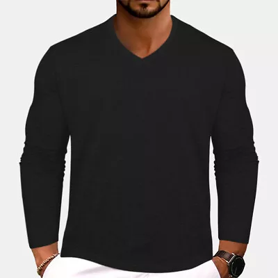 Buy Mens V Neck Pullover Solid Long Sleeve T-shirts Slim Fit  Casual Blouse Top Tee • 11.99£
