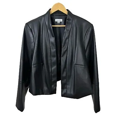 Buy Calvin Klein Black Faux Leather Jacket Size 2X Plus Size Collarless Sleek Chic • 64.24£