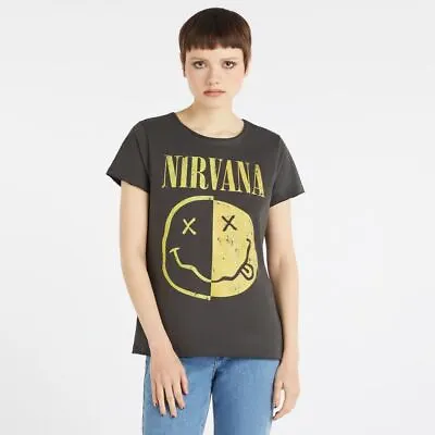 Buy Amplified Nirvana T-Shirt Spliced Smiley Womens Print Loose Fit Cotton Tee Top • 19.16£