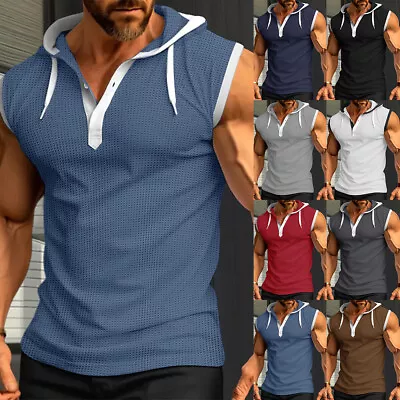 Buy Mens Ribbed Hooded Tank Tops Muscle T-Shirt Vest Gym Sleeveless Casual Hoodie • 14.59£