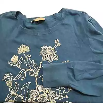 Buy LOFT Blue Long Sleeve Embroidered Floral Sweater Women’s XL White Flowers • 17£
