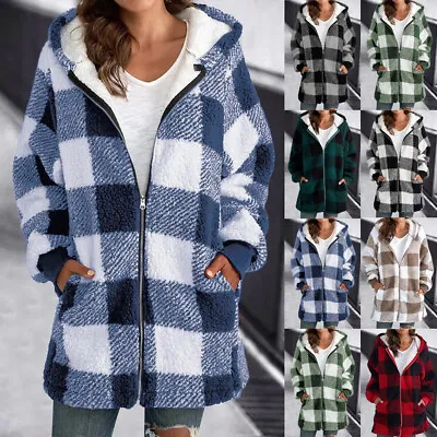 Buy Women Teddy Bear Fleece Fluffy CHECK Coat Hoodie Jacket Zip Up Outwear PLUS SIZE • 17.87£