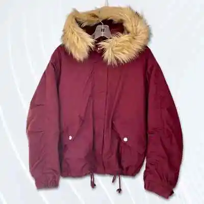 Buy Love Tree Faux Fur Trim Hood Bomber Jacket In Burgundy Women's Medium • 47.31£