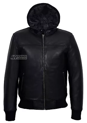 Buy Men's 70S HOODED Black Bomber Fitted Stylish Retro Real Napa Leather Jacket 3252 • 49£