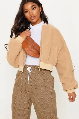 Buy PRETTYLITTLETHING Camel Borg Cropped Bomber (ccc177) • 22£