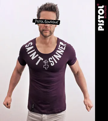 Buy Pistol Boutique Men's Fitted Wine SAINT SINNER CROSS Scoop Neck T-shirt - SALE • 12.75£