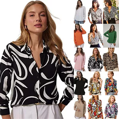 Buy Ladies OL Long Sleeve Blouse Office Plain Print T Shirt Casual Work Tops Holiday • 9.99£