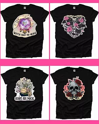 Buy Witch Way To Wine Skull Love Gothic Spells Book Celestial Emo Woman Tshirt UK • 10.99£