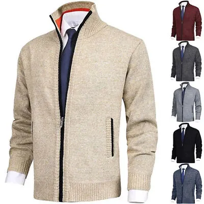 Buy Mens Fleece Lined Cable Knitted Zip Up Cardigan Warm Winter Outerwear Jumper UK • 25£