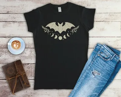 Buy Bat Moon Phases Ladies Fitted T Shirt Sizes Small-2XL • 12.49£
