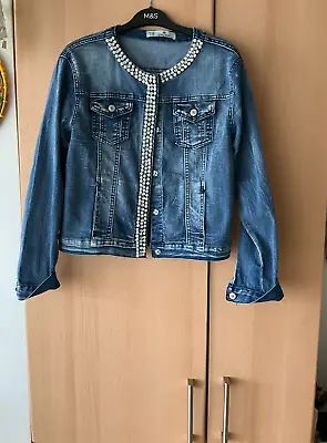 Buy Ladies Blue Denim Jacket With Pearls Diamante Decoration Size 12 / L - See Notes • 44.95£