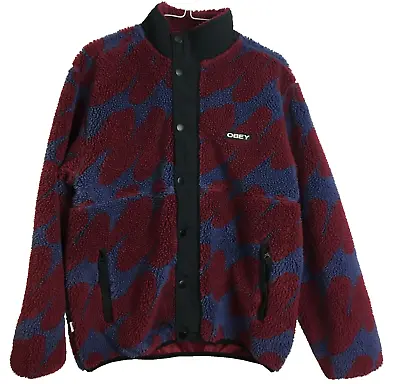 Buy OBEY JACKET SMALL BLUE RED Faux Fur Teddy Fleece Zip Up Snap Buttons Midi Womens • 49.97£