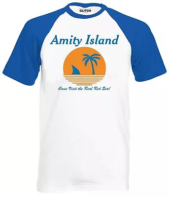Buy Amity Island Mens Short Sleeve Baseball T-Shirt- Jaws Shark Film 80's Retro Cult • 14.99£