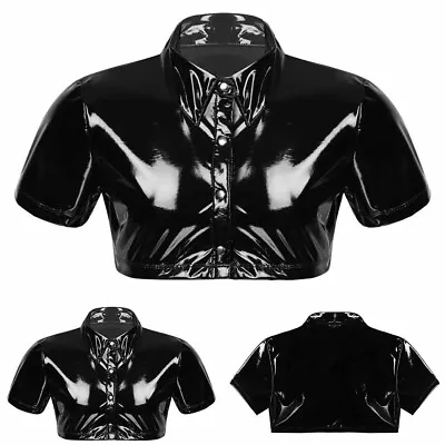Buy Black PVC Crop Tops For Men Wet Look Patent Leather Shirt Jacket Coat Slim Fit • 19.19£