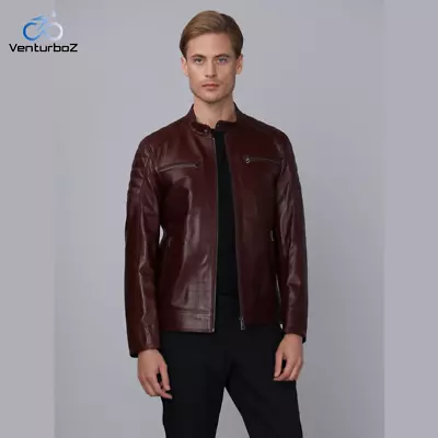 Buy Fashion Shoulder Quilted Mens Genuine Leather Jacket With Zipped Pockets Real • 159.99£