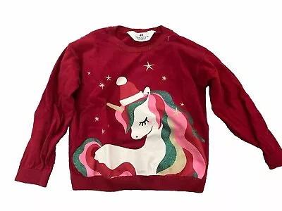 Buy Girls Red Unicorn Print Xmas/Christmas Jumper H&M 2-4 Years • 0.99£