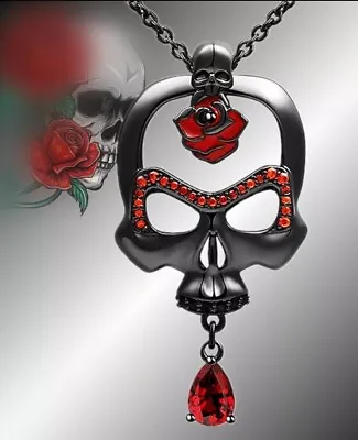 Buy Black Gothic Skull Necklace Chain Red Rose Crystals Halloween Christmas 877 • 7.99£