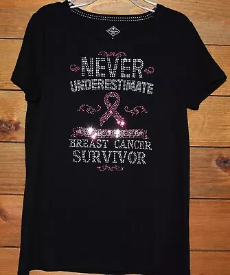 Buy Black Rhinestone Bling  Breast Cancer Survivor Short Sleeve Shirt Size Small • 19.29£