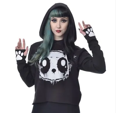 Buy Killer Panda Fracture Hoodie Black Hood Top White Paws Gothic Emo Scene Y2K S • 37.99£