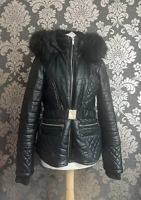 Buy River Island Black Leather Look Belted Faux Fur Hood Jacket Size10 • 20£