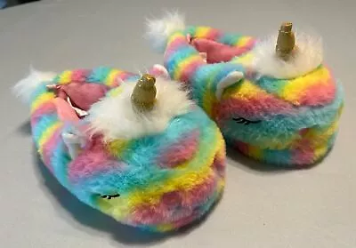 Buy Kids Fuzzy Rainbow Unicorn Slippers Size 9-10 NWOT • 15.74£