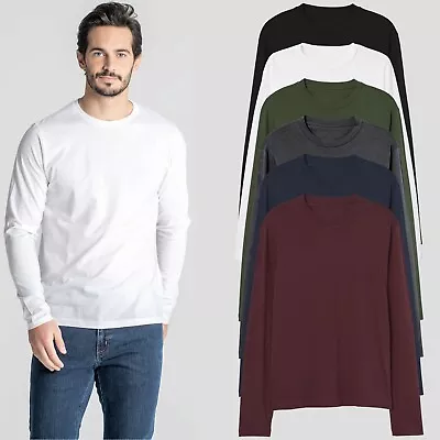 Buy New Mens Long Sleeve T-Shirt Slim Fit 100% Cotton Plain Crew Round Neck Tee Tops • 7.99£