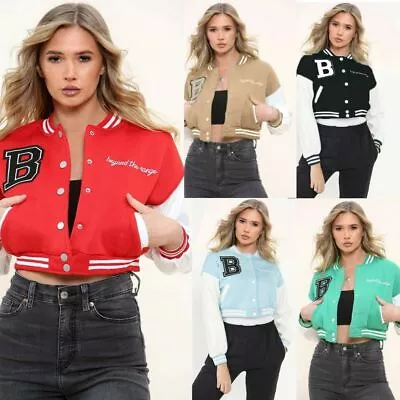 Buy Women´s Cropped Baseball Jacket Long Sleeve Button Up Closure Bomber Streetwear • 18.49£