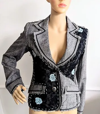 Buy Coronets And Queens Unusual Grey Wool Embroidered Lace Patchwork Suit Jacket S • 29.99£